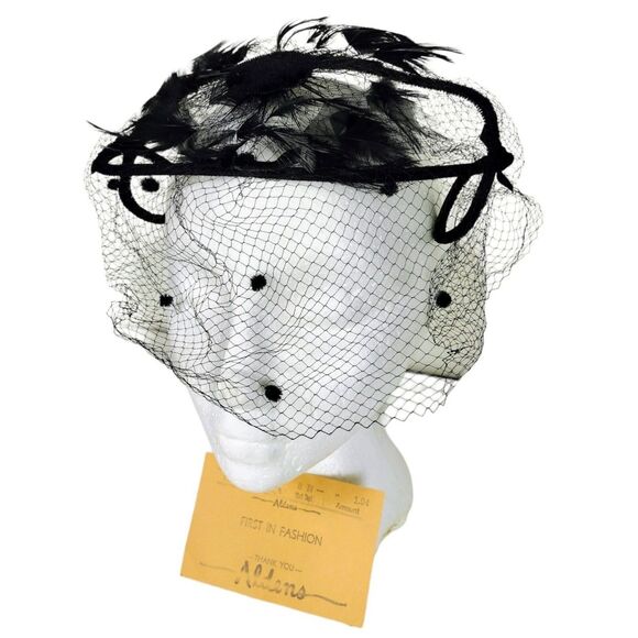 Vintage 40's 50's Black Velvet & Feathers Net Wired Fascinator Head Piece Hat - Picture 2 of 12